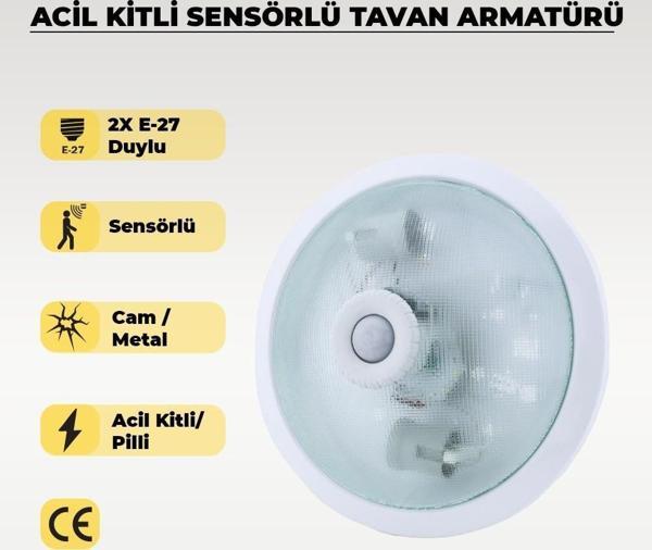 Acil Kitli Pilli 2 x E27 Duylu Sensörlü Tavan Armatürü - Cam / Metal - Image 1