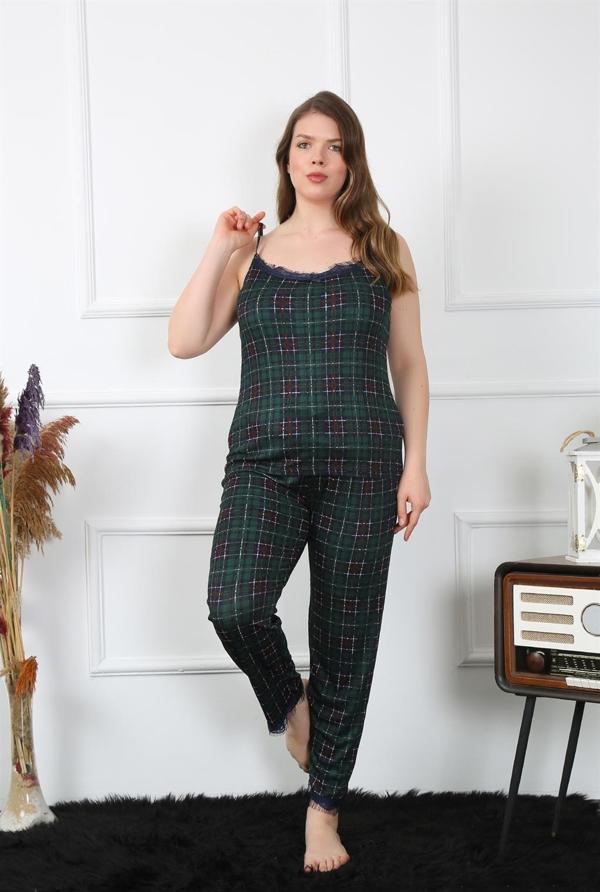 Akbeniz Kadın Büyük Beden Yeşil Ekoseli İp Askılı Pijama Takım 202197 - Image 1