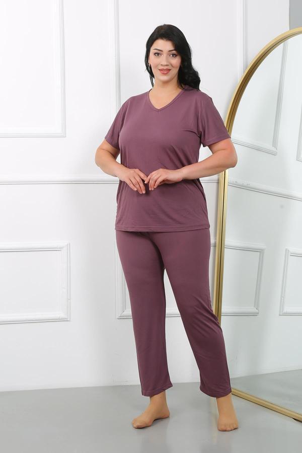 Akbeniz Kadın Büyük Beden  Kısa Kol Penye Pijama Takımı Mürdüm 202405  - Image 1