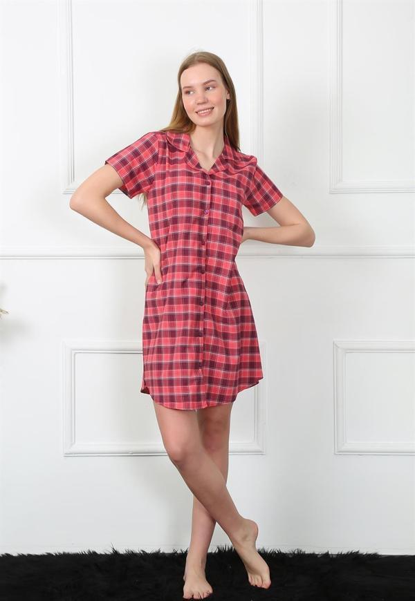 Akbeniz Kadın Dokuma Kumaş Önden Düğmeli Kırmızı Tunik Gecelik 1030 - Image 1