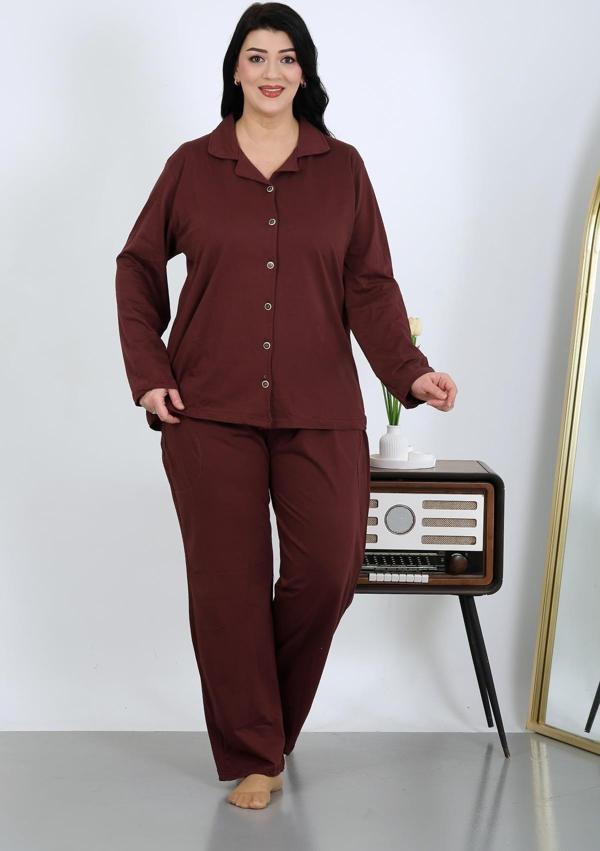 Akbeniz Kadın Büyük Beden Pamuklu Cepli Düğmeli Mürdüm Pijama Takım 202504 - Image 1
