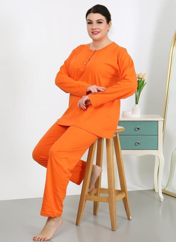 Akbeniz Kadın Büyük Beden Uzun Kol Penye Pijama Takımı Turuncu 202501 - Image 1