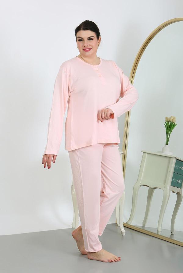 Akbeniz Kadın Büyük Beden Uzun Kol Penye Pijama Takımı Pembe 202501 - Image 1