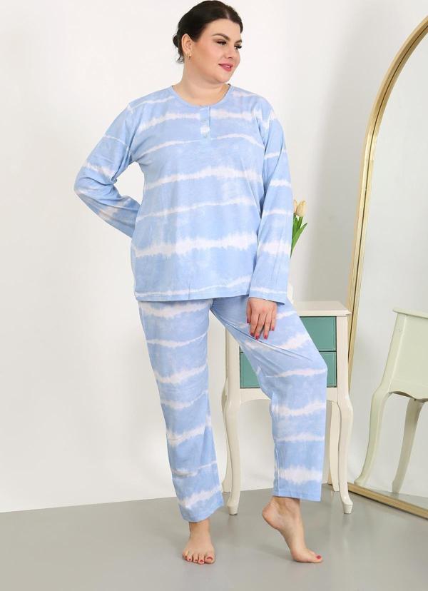 Akbeniz Kadın Büyük Beden Uzun Kol Penye Pijama Takımı Mavi 202502 - Image 1