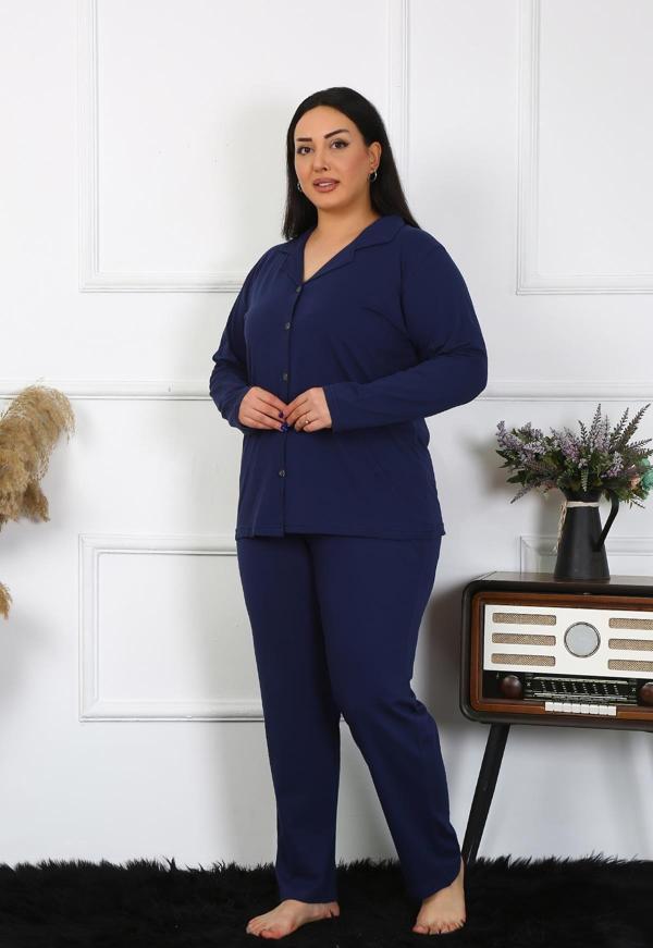 Akbeniz Kadın Büyük Beden Pamuklu Cepli Düğmeli Lacivert Pijama Takım 202401 - Image 1