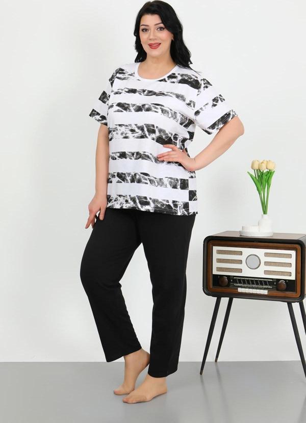 Akbeniz Kadın Büyük Beden Kısa Kol Penye Pijama Takımı Beyaz 202505 - Image 1
