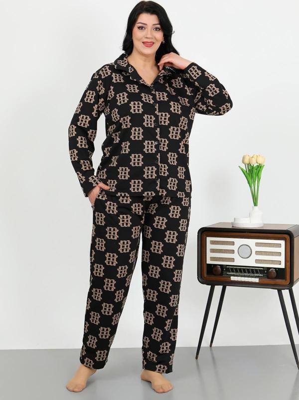 Akbeniz Kadın Büyük Beden Pamuklu Cepli Düğmeli Siyah Pijama Takım 202506 - Image 1