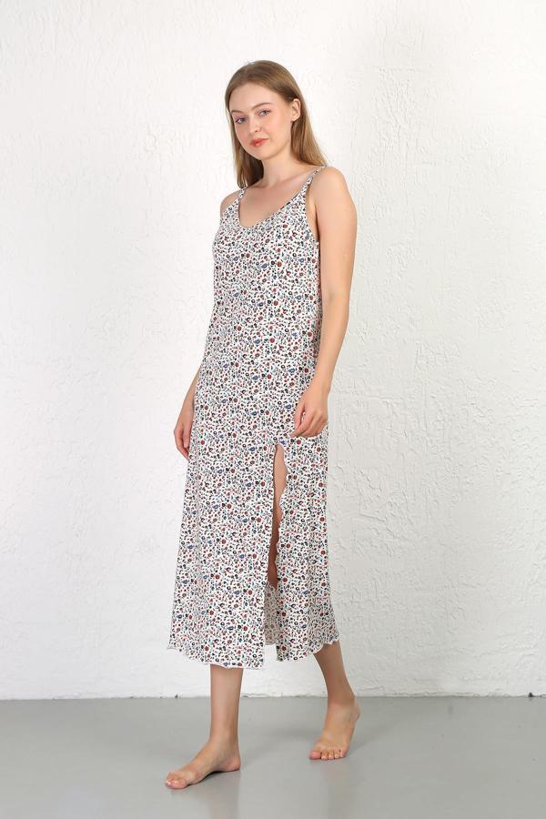 Akbeniz İp Askılı Uzun Yırtmaçlı Penye Gecelik 90129 Beyaz - Image 1