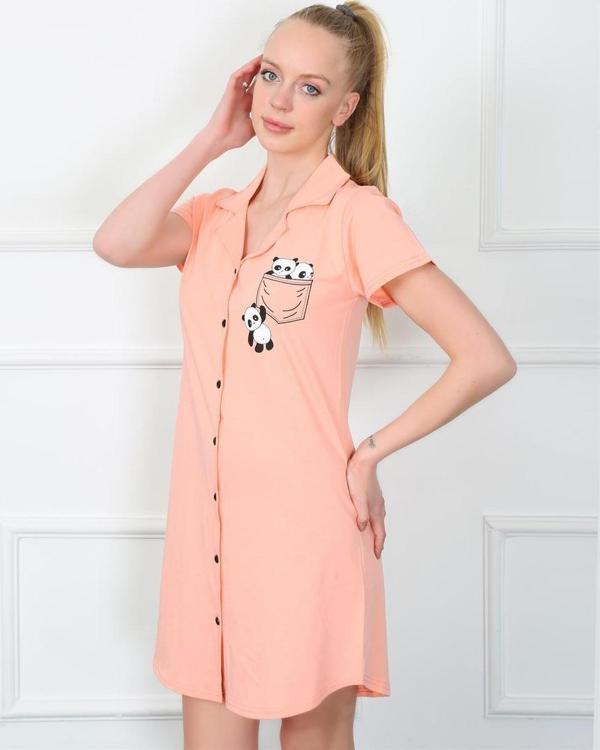 Akbeniz Kadın Penye Önden Düğmeli Pembe Tunik Gecelik 1032 - Image 1