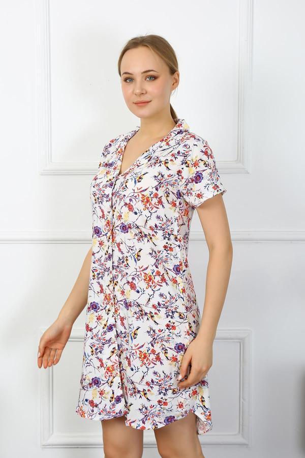 Akbeniz Kadın Penye Kısa Kol Düğmeli Ekru Tunik Gecelik 13104 - Image 1