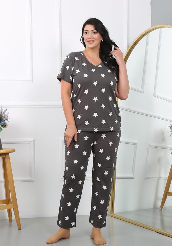 Akbeniz Kadın Büyük Beden  Kısa Kol Penye Pijama Takımı Füme 202407 - Image 1
