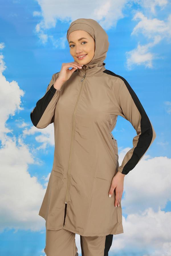 Akbeniz Kadın Pantolonlu Kolu Şeritli Tam Tesettür Mayo Bej 31066 - Image 1