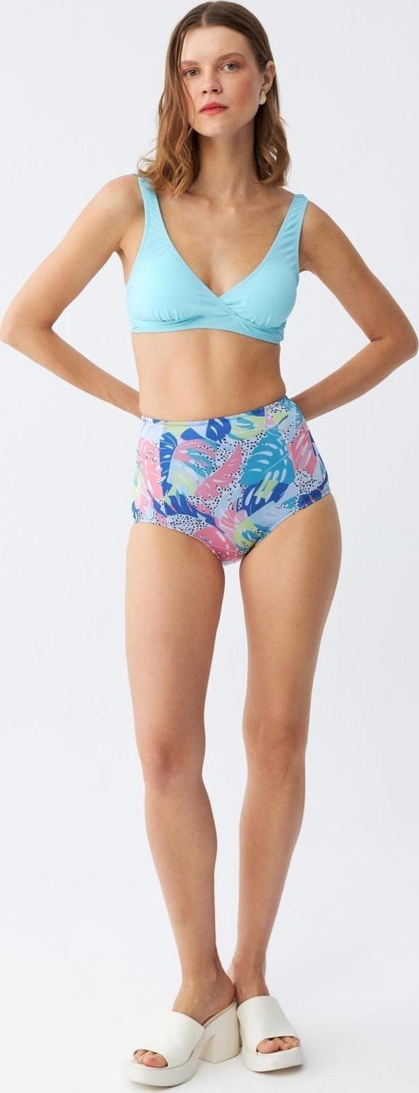 Akbeniz Kadın Pedli Üst Tropik Desenli Yüksek Bel Bikini Takımı - Buz Mavisi  - Image 1