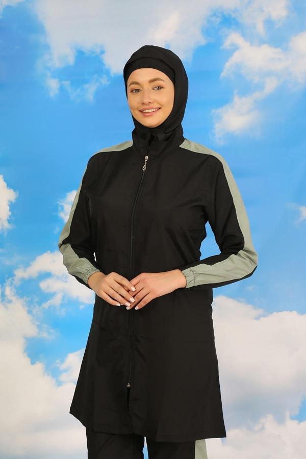 Akbeniz Kadın Pantolonlu Kolu Şeritli Tam Tesettür Mayo Siyah 31066 - Image 1