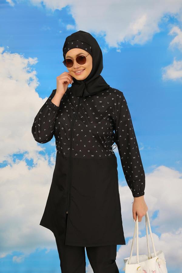 Akbeniz Kadın Pantolonlu Desenli Tam Tesettür Mayo Siyah 31074 - Image 1