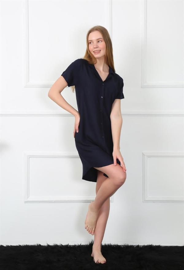 Akbeniz Kadın Dokuma Kumaş Önden Düğmeli Lacivert Tunik Gecelik 1031 - Image 1