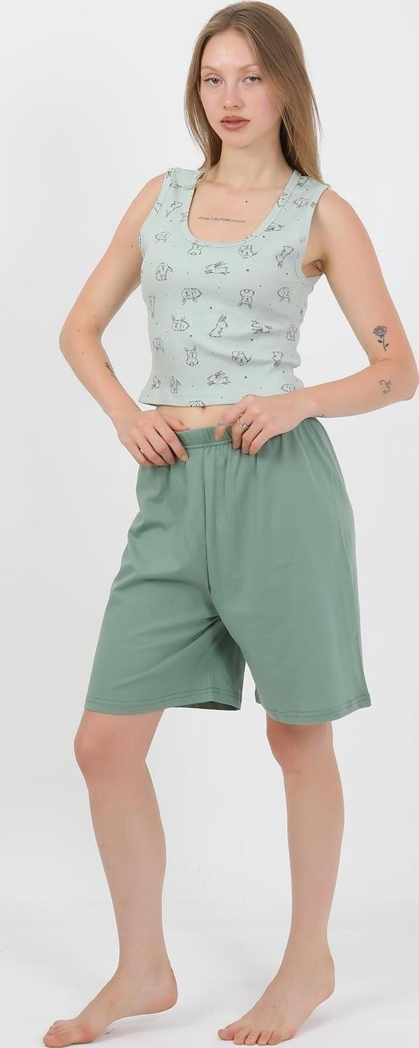 Akbeniz Kadın Kalın Askılı Pamuk Penye Şortlu Crop Takım SuYeşili 3636 - Image 1