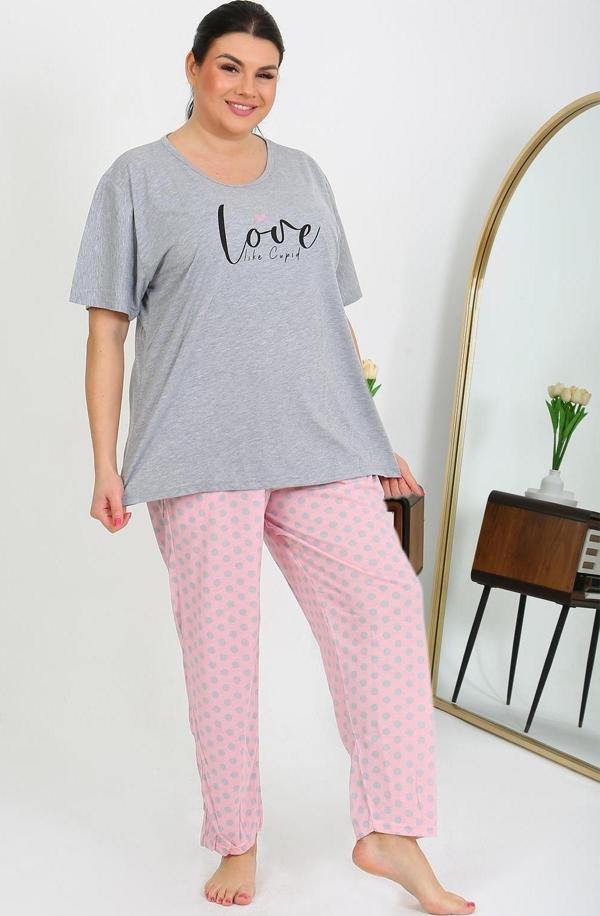 Akbeniz Kadın Büyük Beden Kısa Kol Penye Pijama Takımı Gri 202408 - Image 1