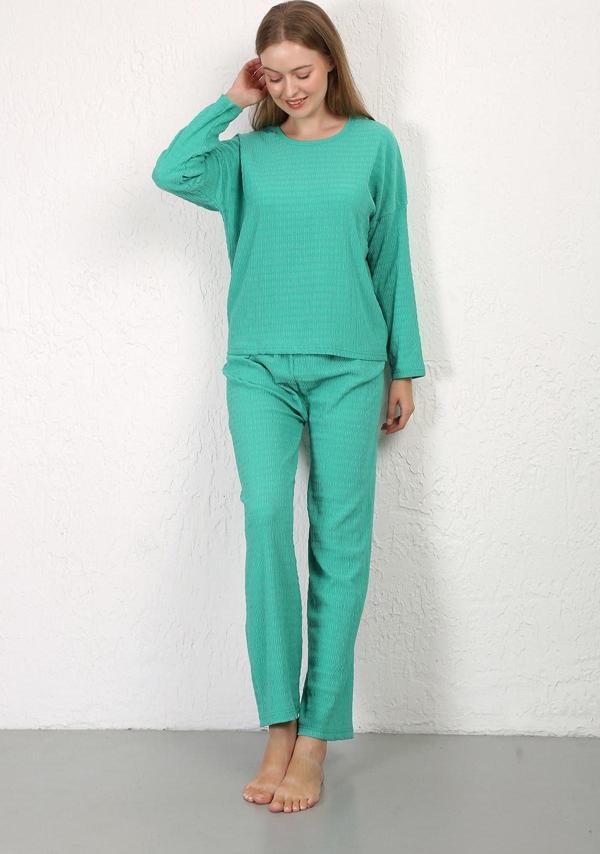Akbeniz Kadın Bürümcük Kumaş Pijama Takım Yeşil 4233 - Image 1