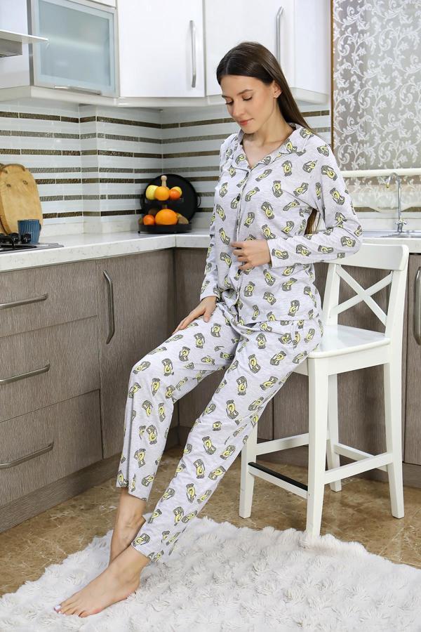 Akbeniz Kadın Pamuk Penye Önden Düğmeli Uzun Kol Pijama Takım Gri 2784 - Image 1