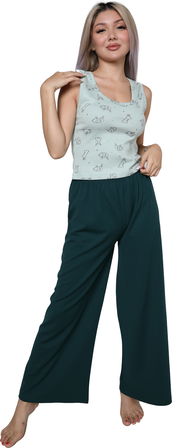 Akbeniz Kadın Kalın Askılı Body Bol Paça Pantolon 2`li Takım Su Yeşili 4218 - Image 1