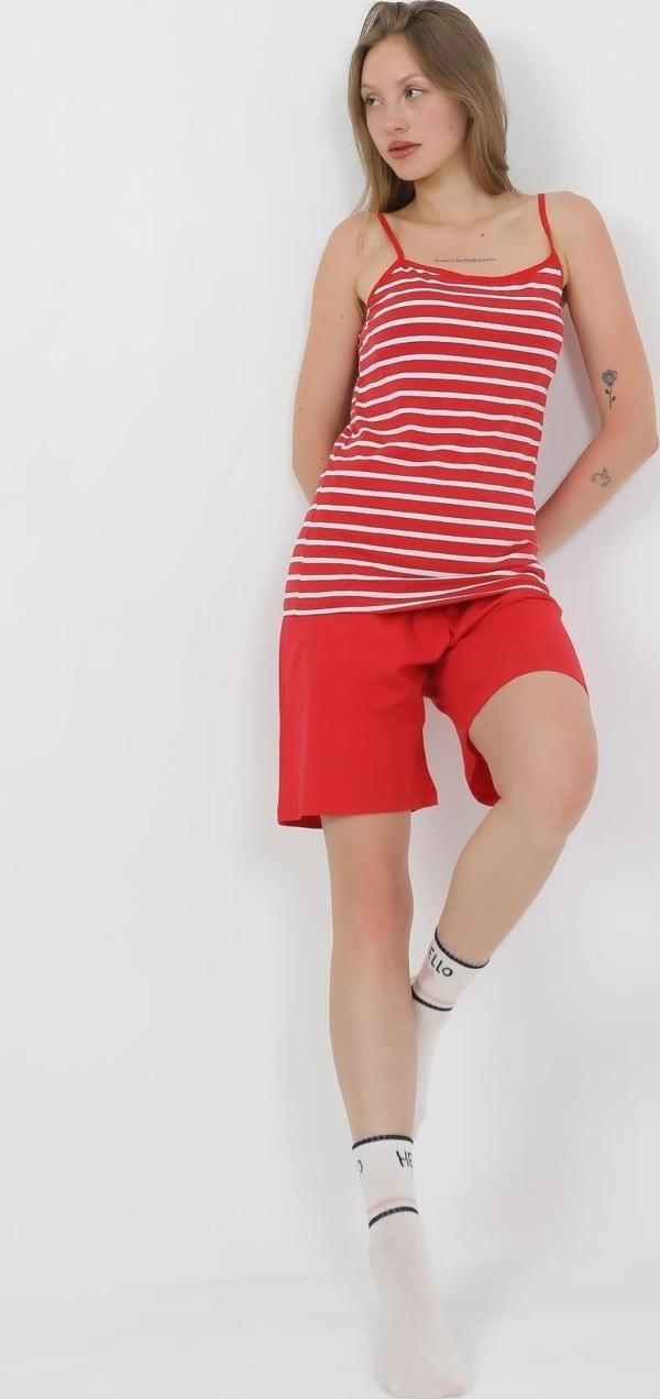 Akbeniz Kadın İp Askılı Pamuk Penye Şortlu Takım Kırmızı 3634 - Image 1