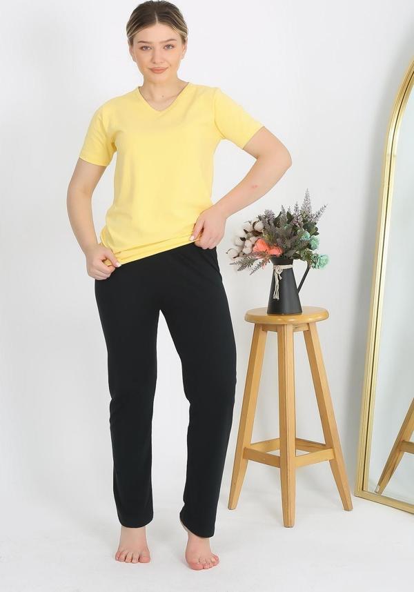 Akbeniz Kadın Kısa Kol Pamuk Penye Pijama Takım Sarı 4215 - Image 1