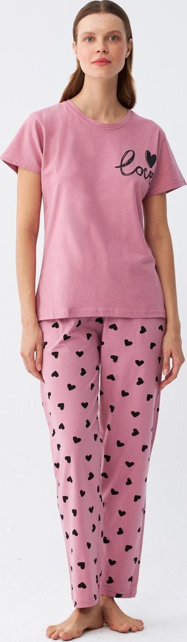 Akbeniz Kadın Somon Kalp Desenli Kısa Kollu Penye Pijama Takımı - Image 1