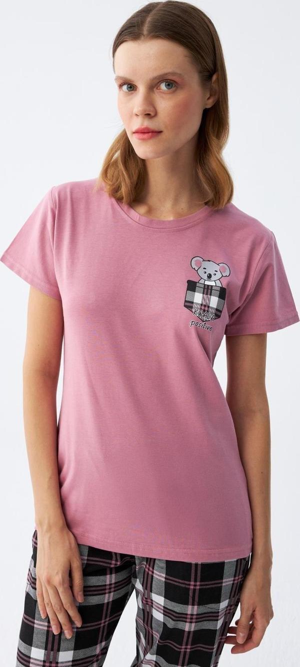 Akbeniz Kadın Somon Ayıcık Baskılı Ekoseli Penye Pijama Takımı - Image 1