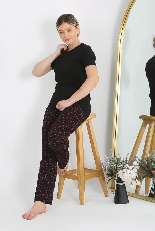 Akbeniz Kadın Kısa Kol Pamuk Penye Pijama Takım Siyah 4214 - Image 1