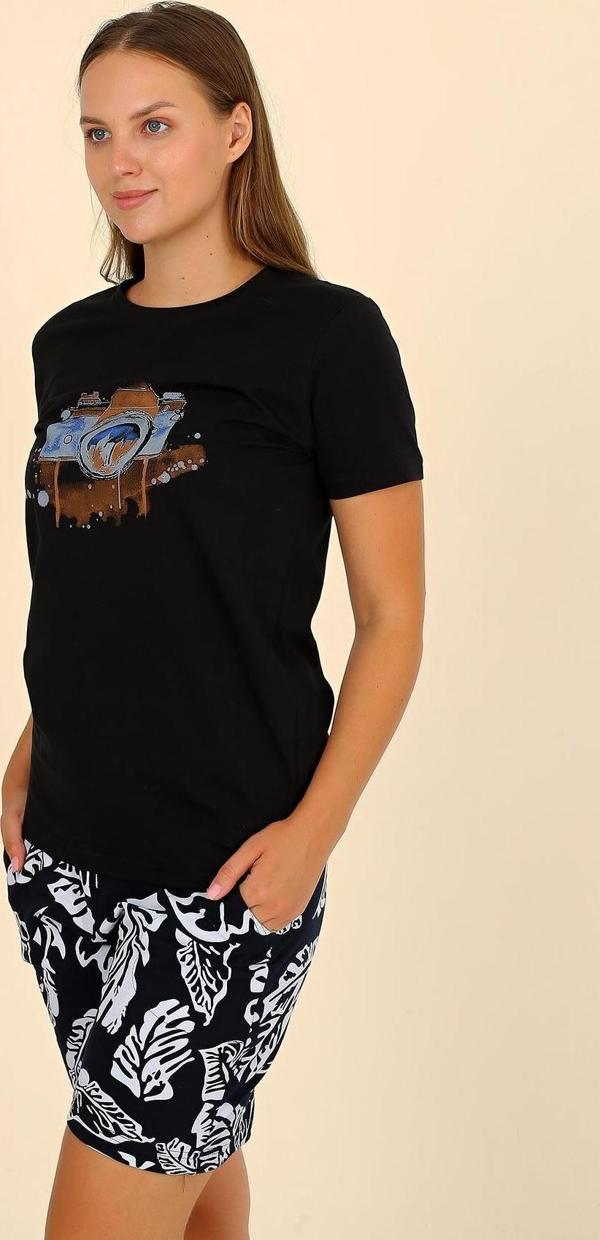 Akbeniz Kadın Şortlu Kısa Kol Penye Pijama Takım Siyah 3622 - Image 1