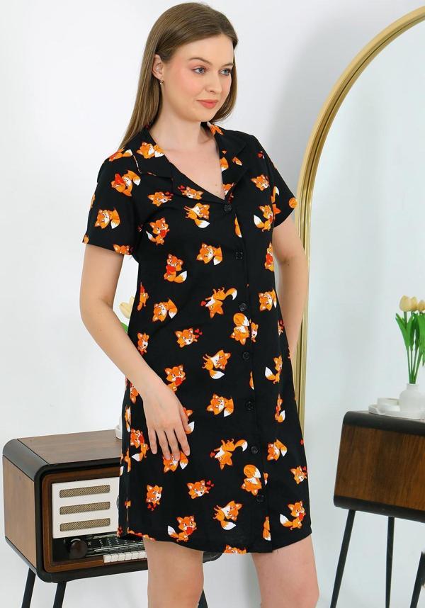 Akbeniz Kadın Pamuk Penye Kısa Kol Düğmeli Siyah Tunik Gecelik 13111 - Image 1