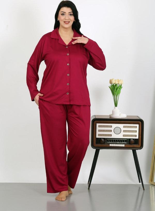 Akbeniz Kadın Büyük Beden Pamuklu Cepli Düğmeli Vişne Pijama Takım 202504 - Image 1