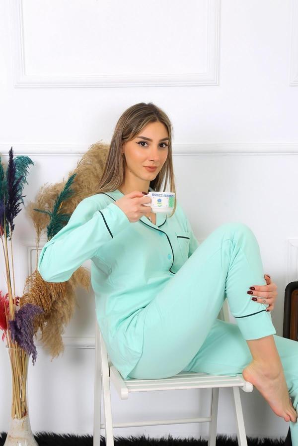 Akbeniz Kadın Pamuk Penye Önden Düğmeli Uzun Kol Su Yeşili Pijama Takım 2782 - Image 1