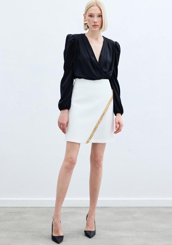 Zincir Aksesuarlı Mini Etek - Ekru - Image 1