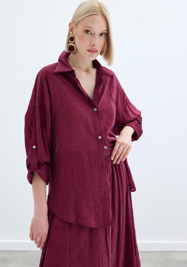 Kol Detaylı Salaş Gömlek - Bordo - Image 1