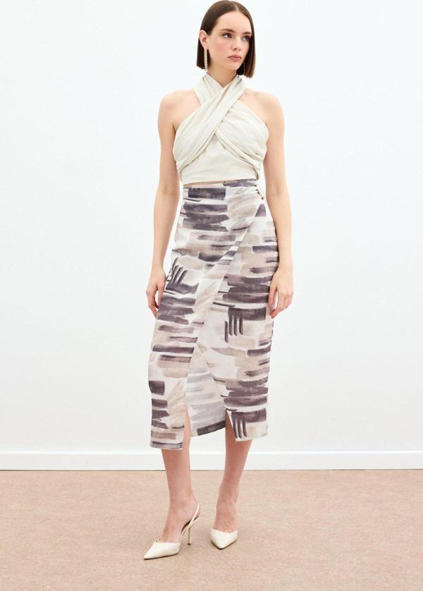 Desenli Keten Kalem Etek - Taş - Image 1