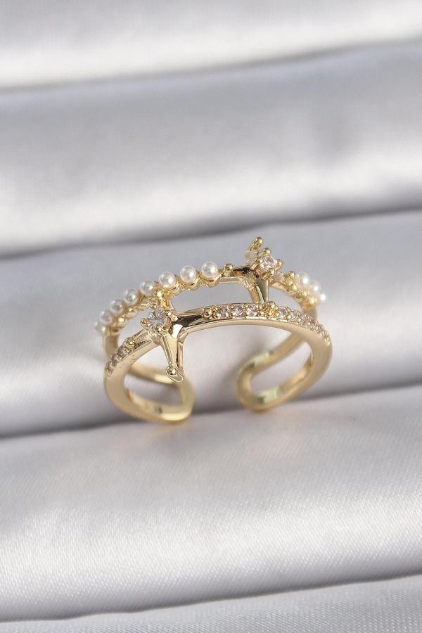 Pirinç Gold Renk Ayarlanabilir Zirkon Taşlı İncili Yıldız Model Kadın Yüzük - Image 1