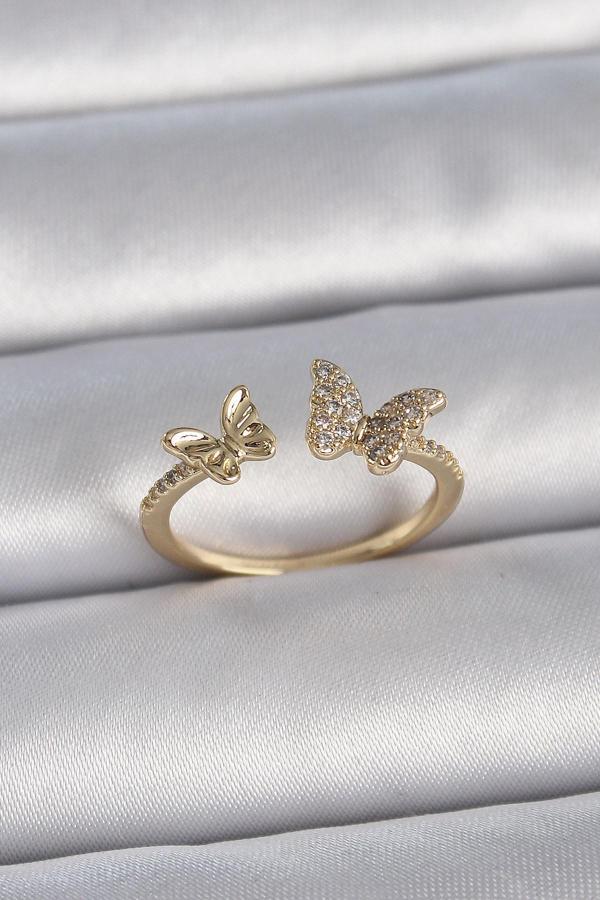 Pirinç Gold Renk Ayarlanabilir Zirkon Taşlı Kelebek Model Kadın Yüzük - Image 1