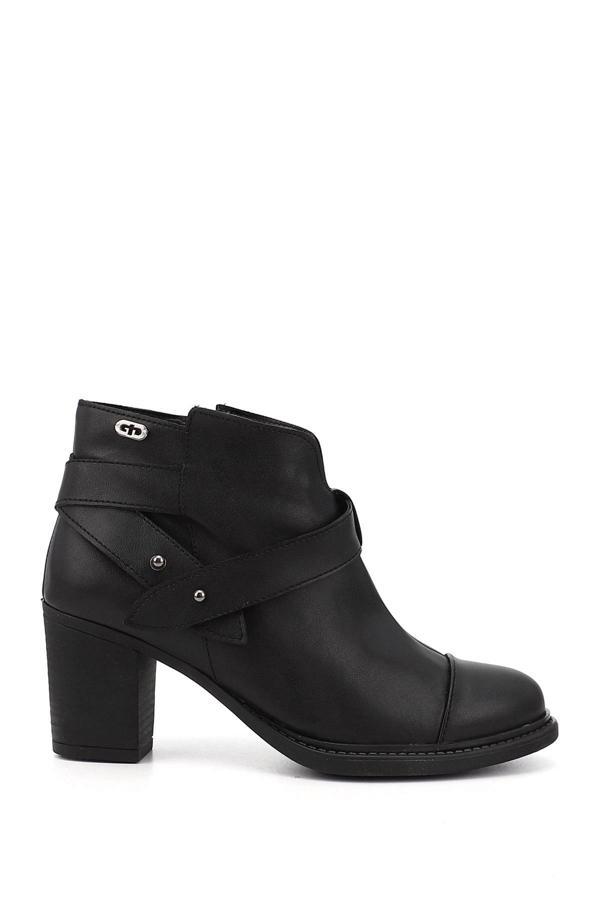 Siyah Gön Hakiki Deri Yuvarlak Burun Topuklu Fermuarlı Bantlı Kadın Günlük Bot 54460 - Image 1