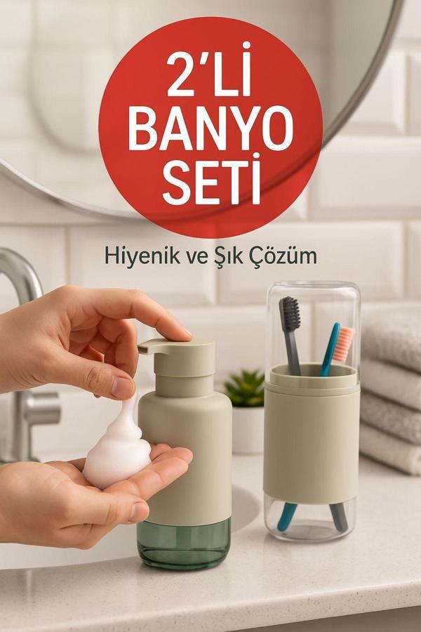 2'li Pratik Sıvı Sabunluk ve Diş Fırçalık Seti Taş Gri - Image 1