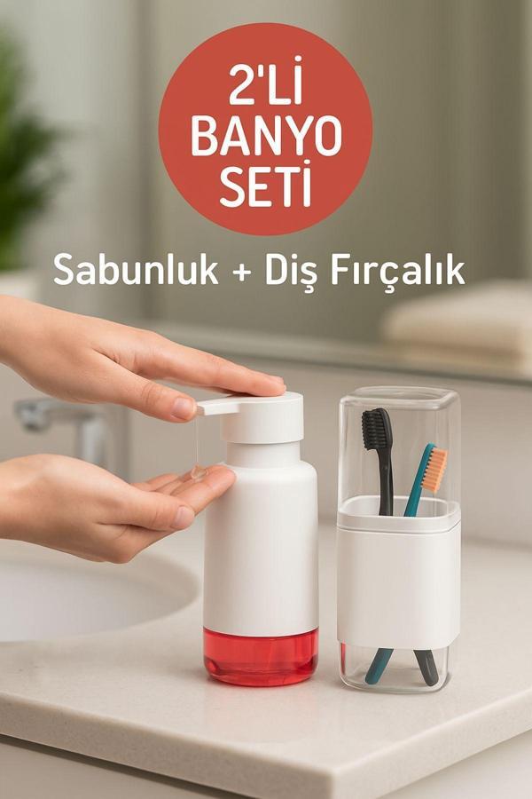 2'li Pratik Sıvı Sabunluk ve Diş Fırçalık Seti Beyaz - Image 1