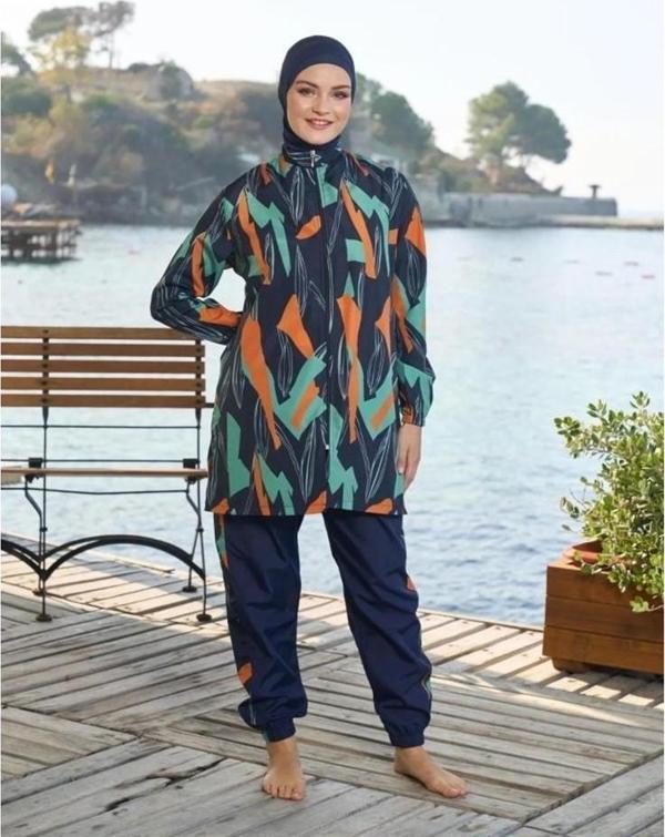Estiva Düz Kol Paça Lastikli Fermuarlı Tam Kapalı Tesettür Mayo - Image 1