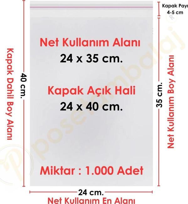 24x35+5 cm.(24x40) 1.000 Adet Şeffaf Bantlı Yapışkanlı Jelatin Poşet - Image 1