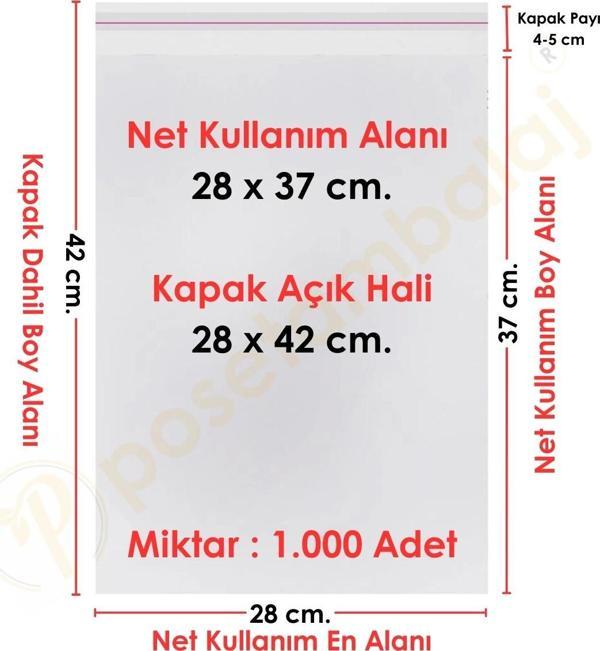 28x37+5 cm.(28x42) 1.000 Adet Şeffaf Bantlı Yapışkanlı Jelatin Poşet - Image 1