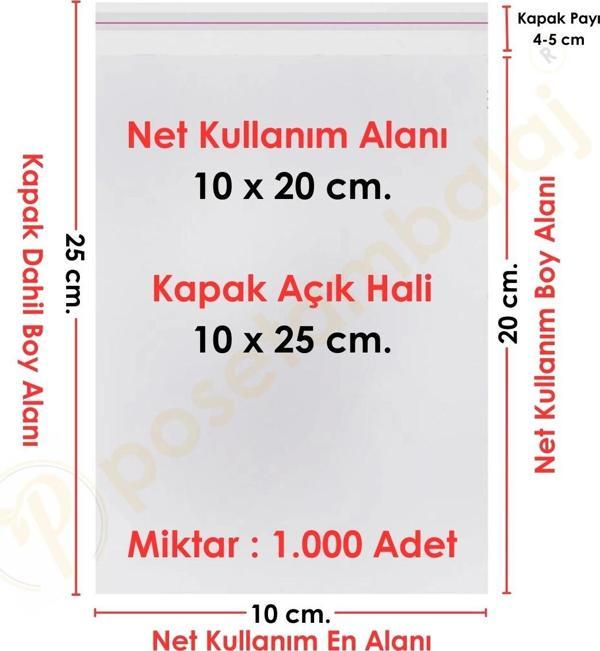 10x20+5 cm.(10x25) 1.000 Adet Şeffaf Bantlı Yapışkanlı Jelatin Poşet - Image 1