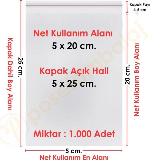 5x20+5 cm.(5x25) 1.000 Adet Şeffaf Bantlı Yapışkanlı Jelatin Poşet - Image 1