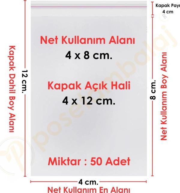 4x8+4 cm.(4x12) 50 Adet Şeffaf Bantlı Yapışkanlı OPP Poşet - Image 1