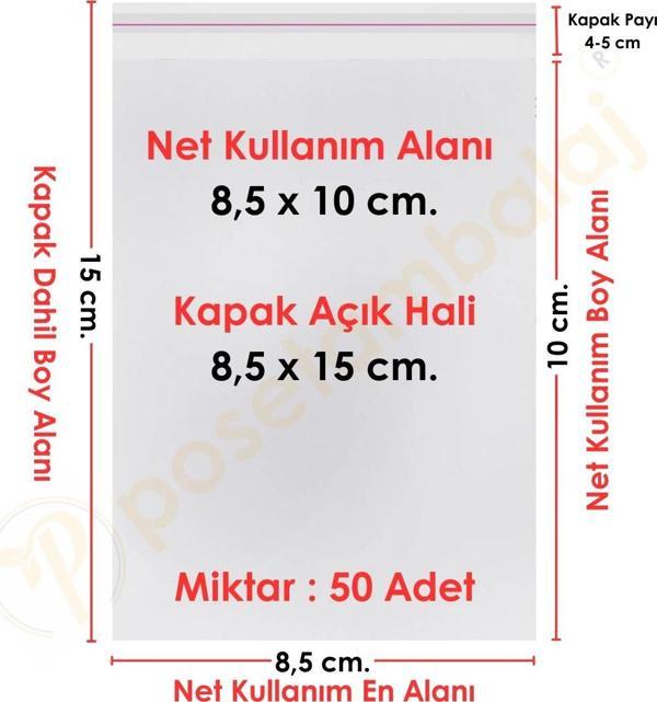 8,5x10+5 cm.(8,5x15) 50 Adet Şeffaf Bantlı Yapışkanlı OPP Poşet - Image 1