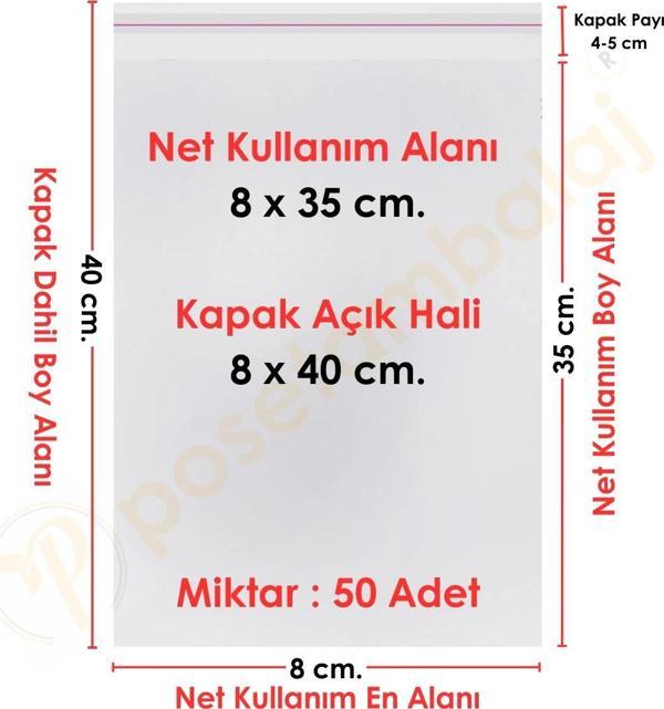 8x35+5 cm.(8x40) 50 Adet Şeffaf Bantlı Yapışkanlı OPP Poşet - Image 1